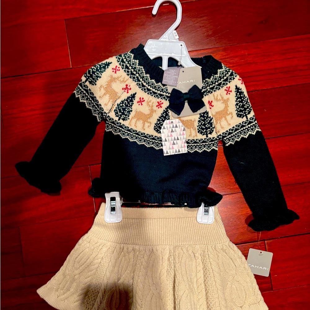BRAND NEW WITH TAGS TAHARI GIRLS 12M CHRISTMAS 3 PIECE SWEATER SKIRT HAIR BOW